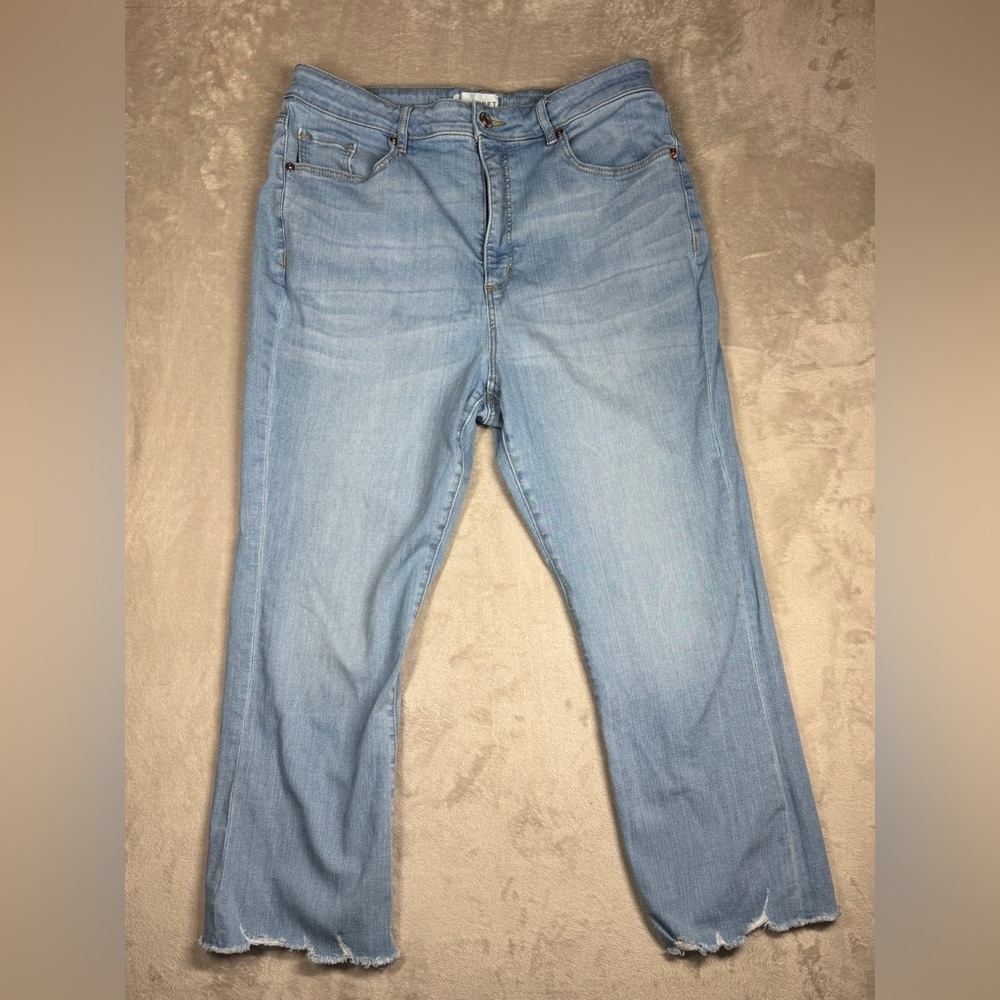 LOFT The Kick Crop Denim Raw Hem Cropped Zip Fly Stretch Blue Jeans Size 32